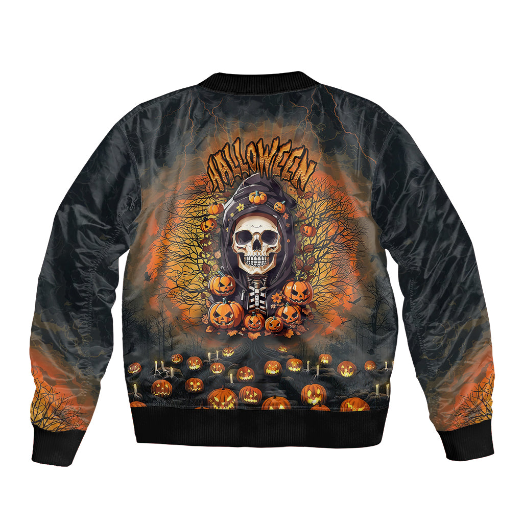 Black unisex bomber jacket with skull and pumpkin graphic on back, ribbed cuffs