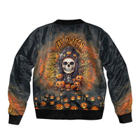 Black unisex bomber jacket with skull and pumpkin graphic on back, ribbed cuffs