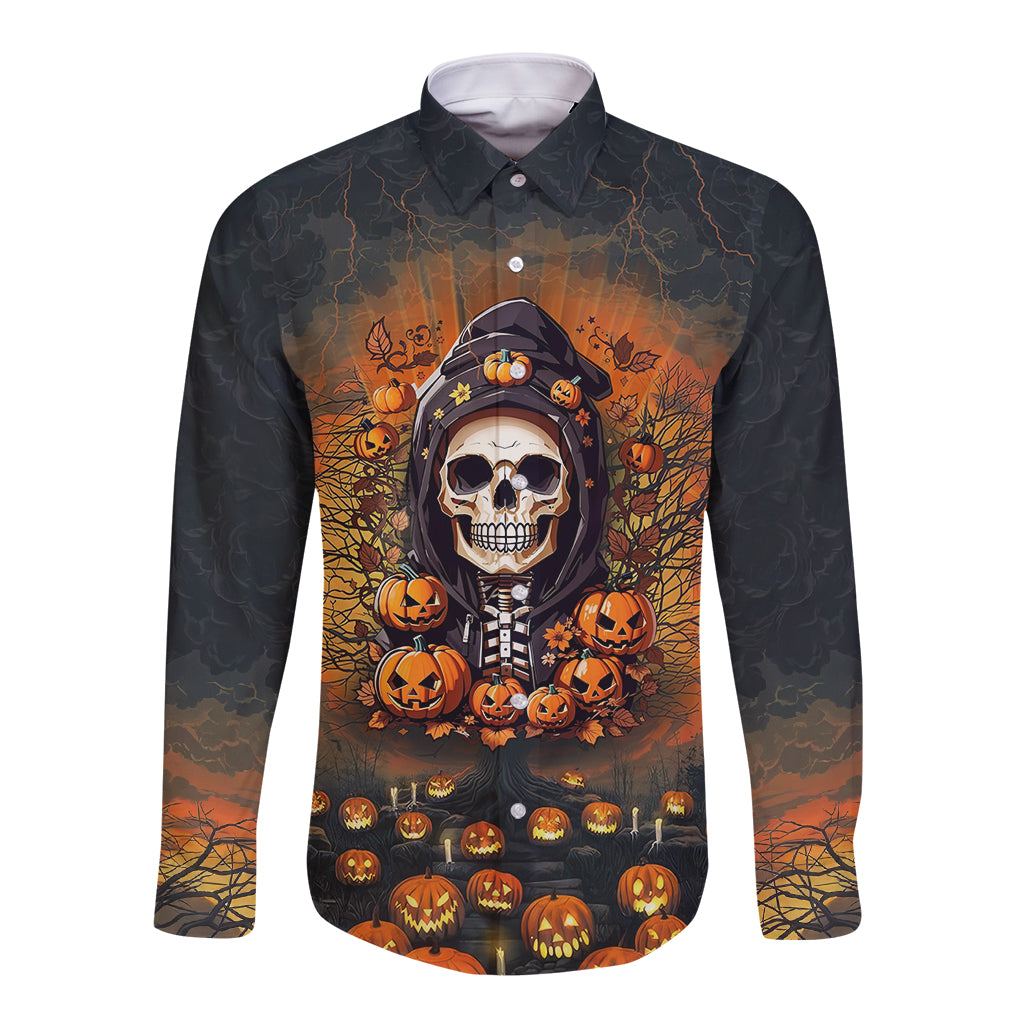 Front view long-sleeve button shirt with Halloween skull and pumpkins graphic, dark base