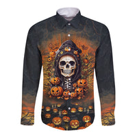 Front view long-sleeve button shirt with Halloween skull and pumpkins graphic, dark base