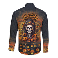 Back view long-sleeve button shirt with Halloween skull, pumpkins, jack-o-lantern print