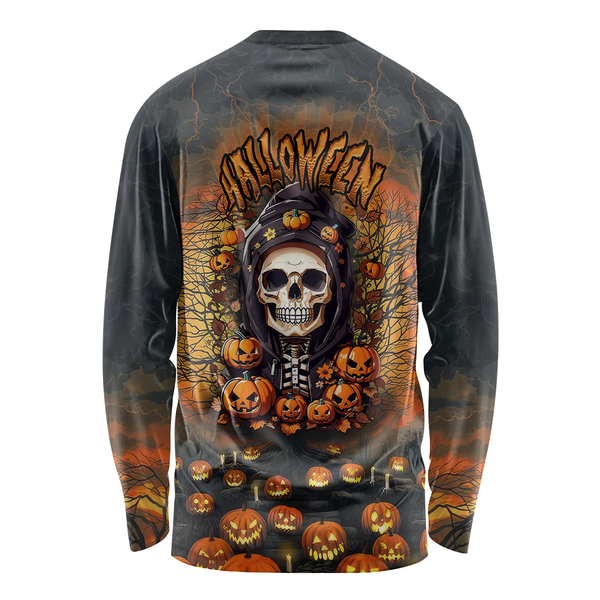 Unisex Halloween skull long-sleeve shirt, black with orange pumpkin skull graphic on back