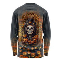 Unisex Halloween skull long-sleeve shirt, black with orange pumpkin skull graphic on back