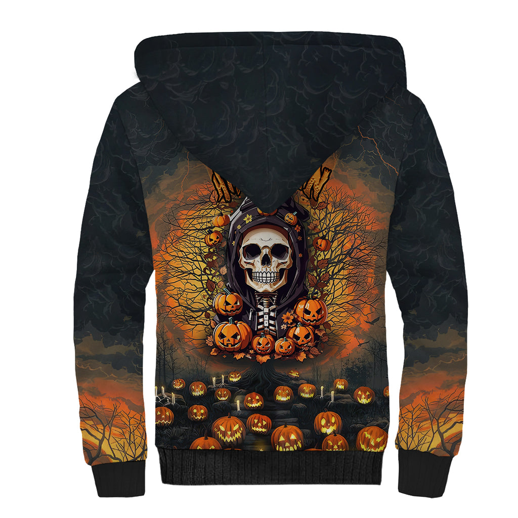 Halloween Skull Sherpa Hoodie Pumpkin-Themed - Wonder Print Shop