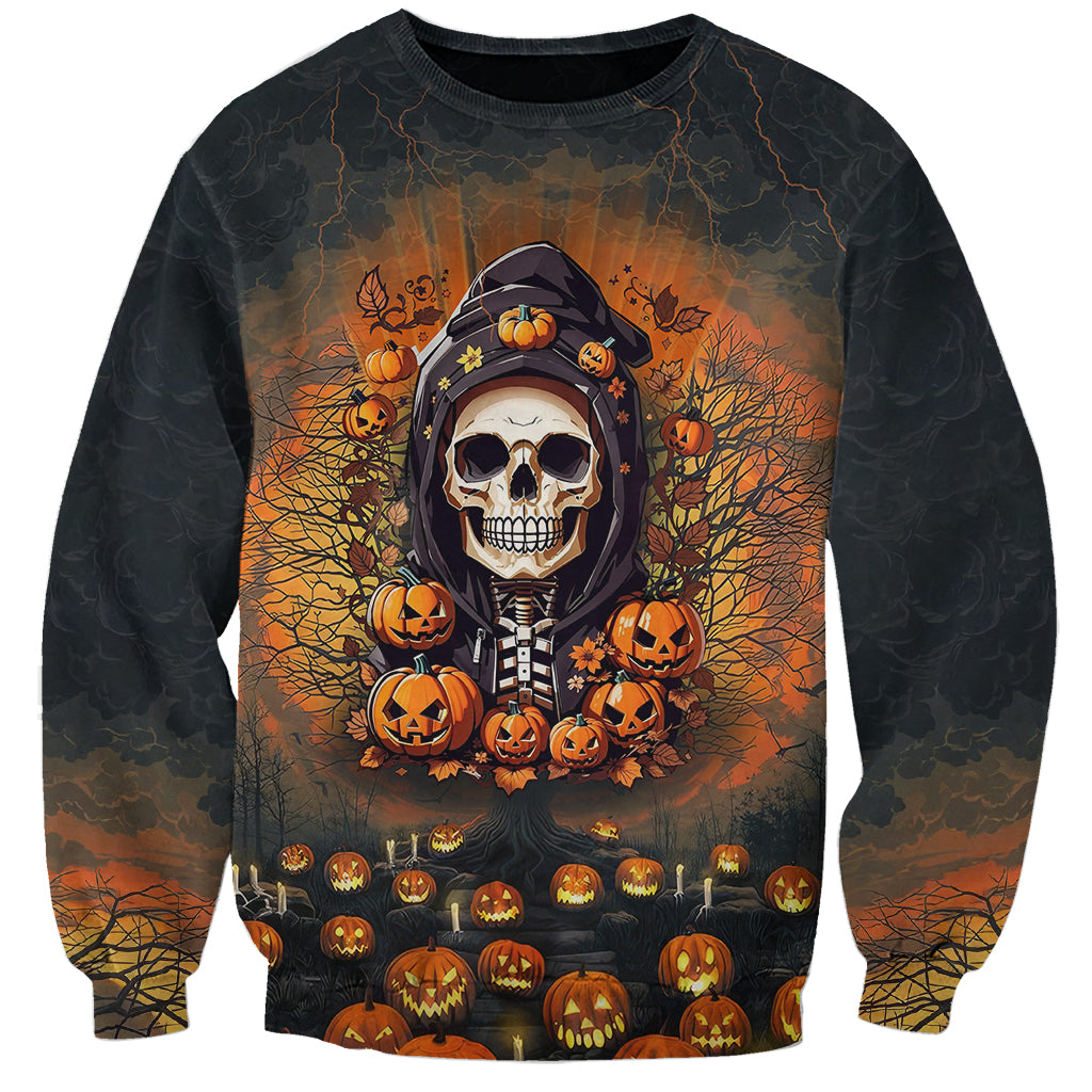 Unisex Halloween skull sweatshirt with hooded jack-o'-lantern pumpkin graphic