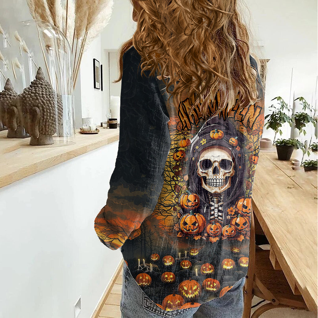 halloween-skull-women-casual-shirt-pumpkin-themed