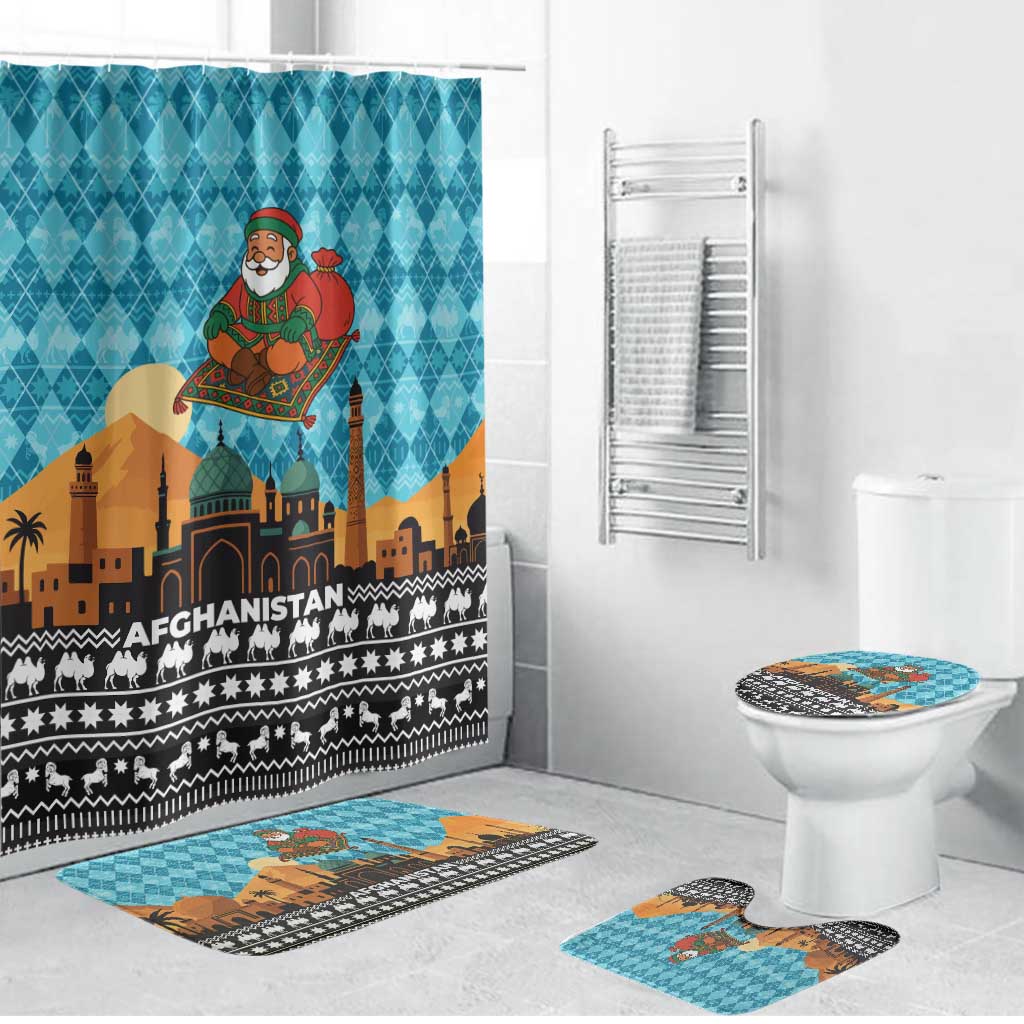Afghanistan Christmas Bathroom Set with Santa on Flying Carpet Mosque Camels and Desert Sunset Design - Wonder Print Shop