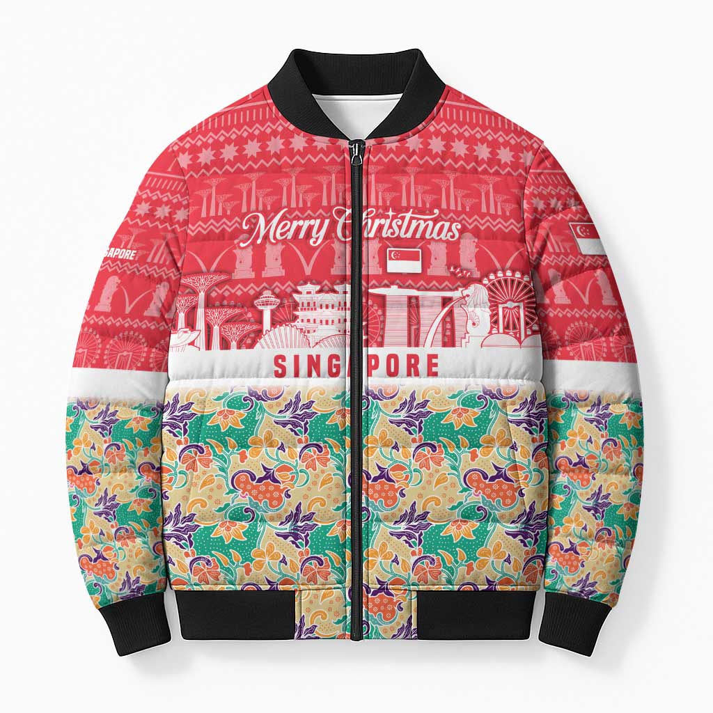 Singapore Christmas Bomber Puffer Jacket with Skyline Batik Patterns Landmark Silhouettes and Festive Design - Wonder Print Shop