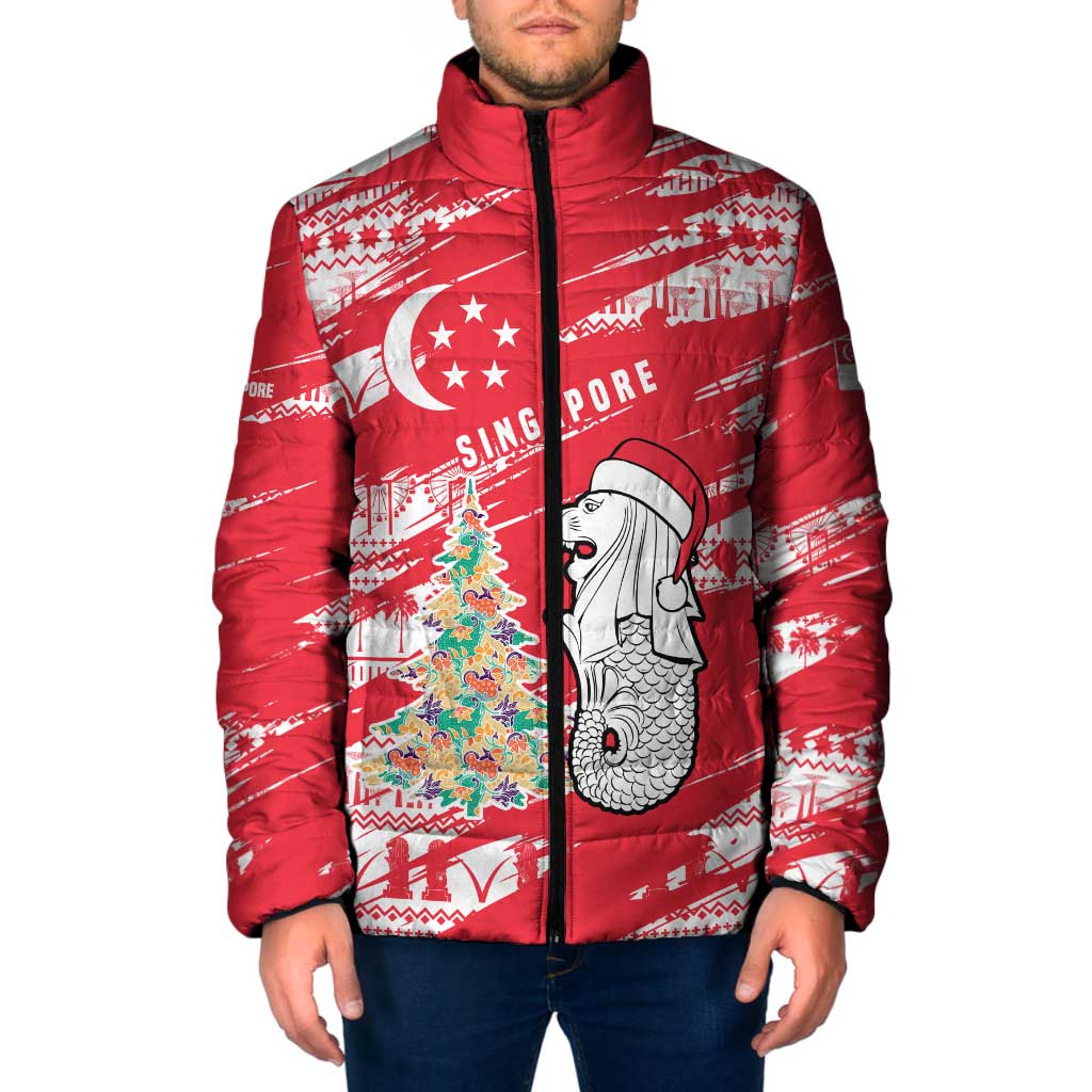 Singapore Christmas Padded Jacket with Merlion Santa Hat Batik Christmas Tree and City Skyline Design - Wonder Print Shop