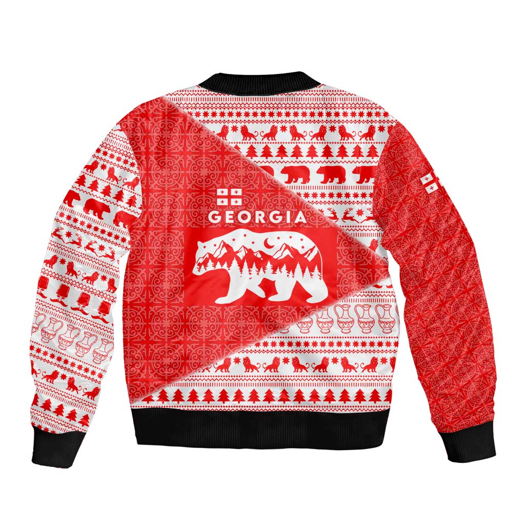 Georgia Christmas Bomber Jacket with Bear Mountains Forest Pattern and Traditional Georgian Design - Wonder Print Shop