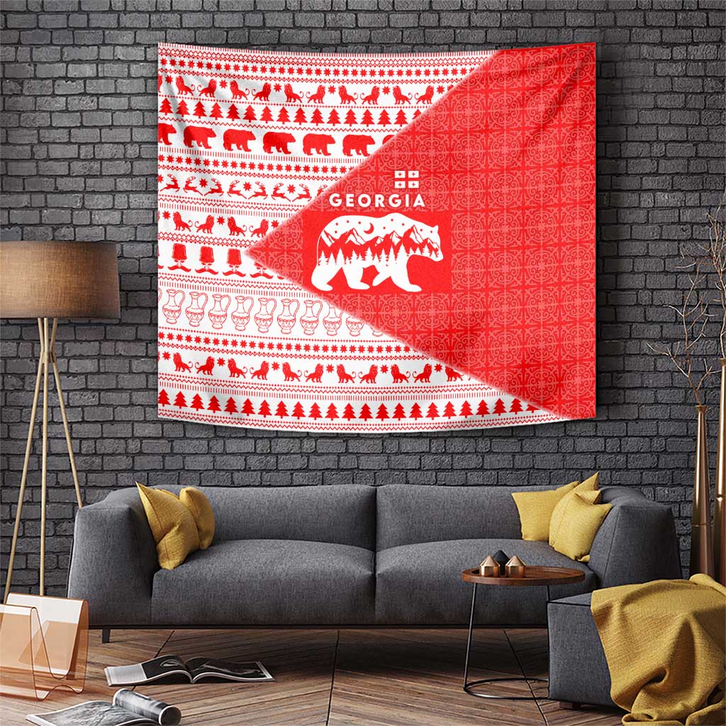 Georgia Christmas Tapestry with Bear Mountains Forest Pattern and Traditional Georgian Design - Wonder Print Shop
