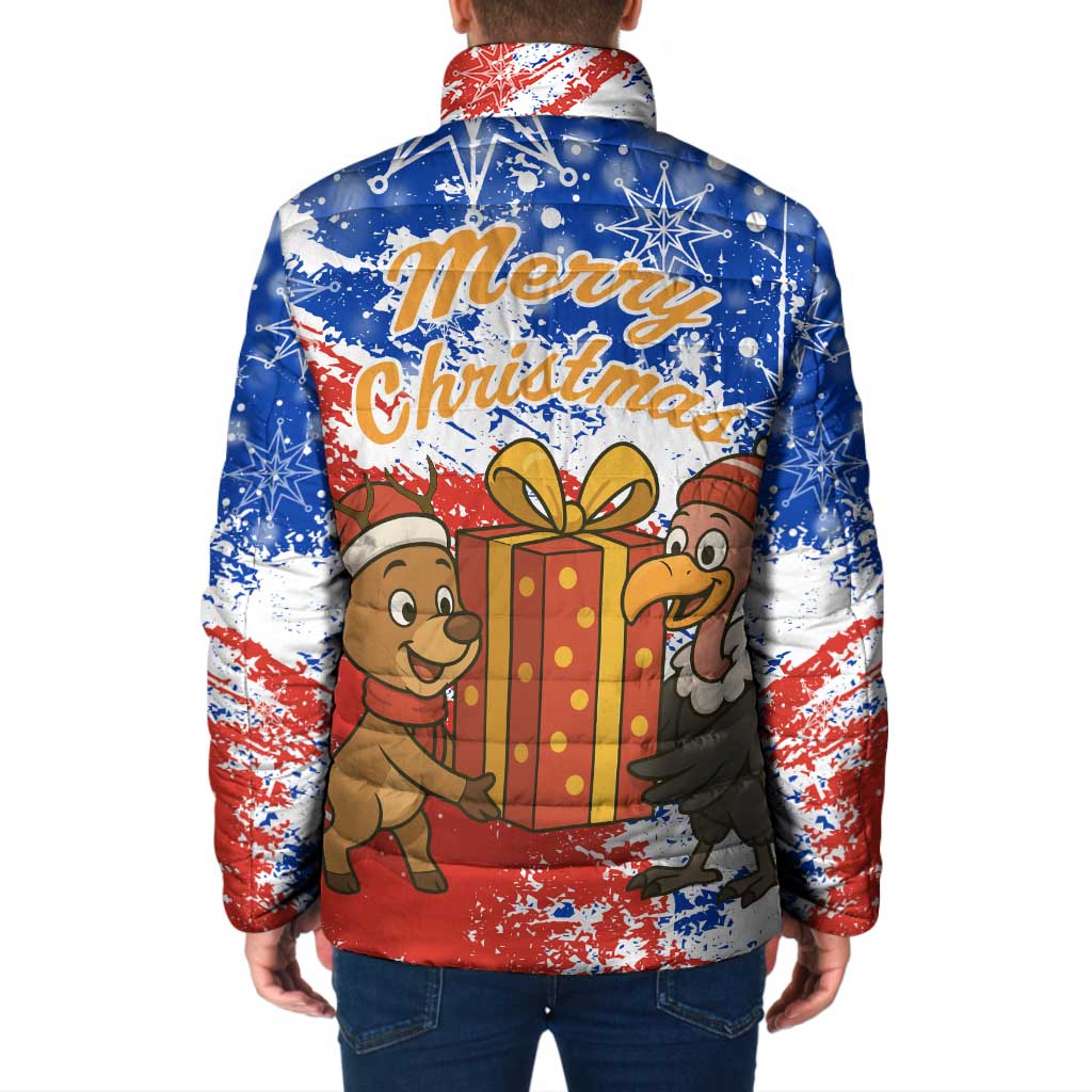 Chile Christmas Padded Jacket with Flag Colors Tree Reindeer Condor and Gift Design - Wonder Print Shop