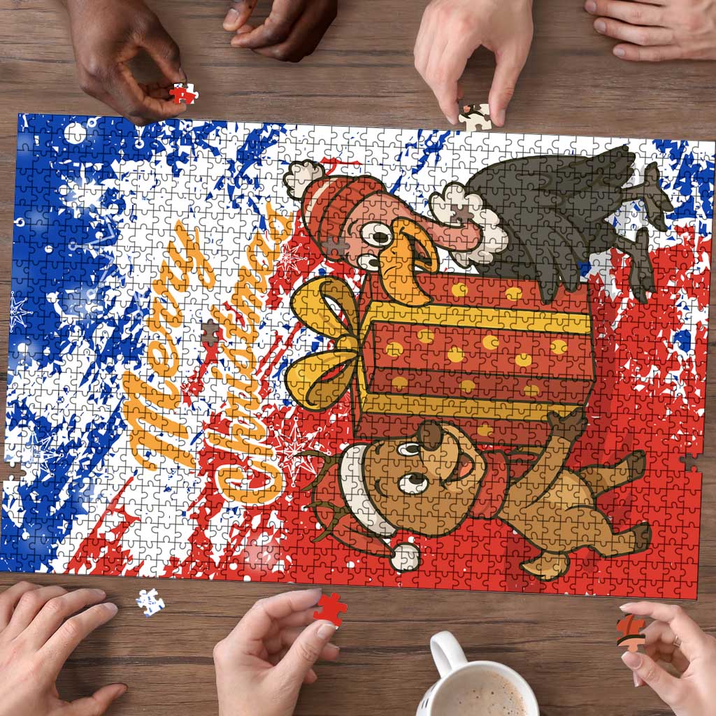 Chile Christmas Puzzle with Flag Colors Tree Reindeer Condor and Gift Design - Wonder Print Shop