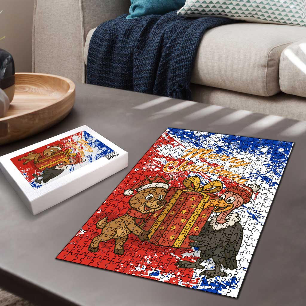 Chile Christmas Puzzle with Flag Colors Tree Reindeer Condor and Gift Design - Wonder Print Shop