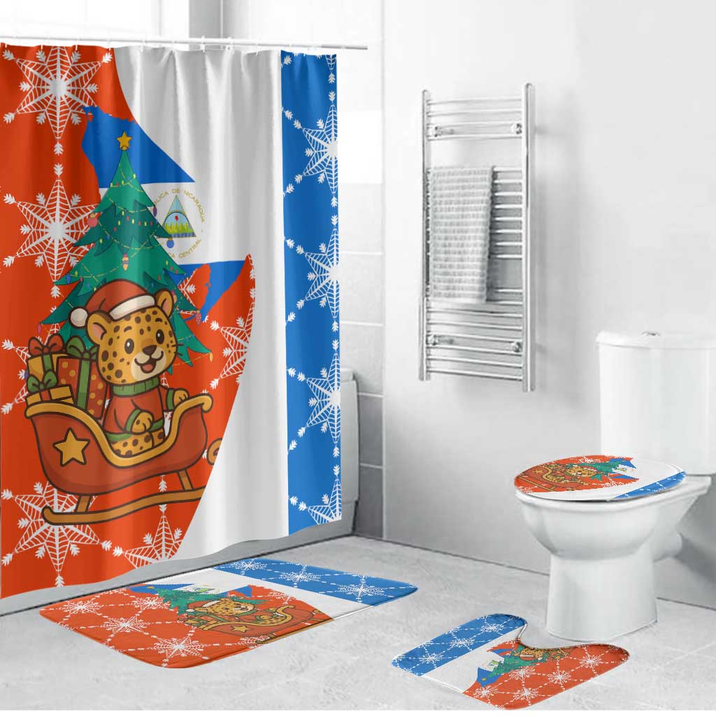 Nicaragua Christmas Bathroom Set with Jaguar in Sleigh Christmas Tree Snowflakes and Flag Colors Design - Wonder Print Shop