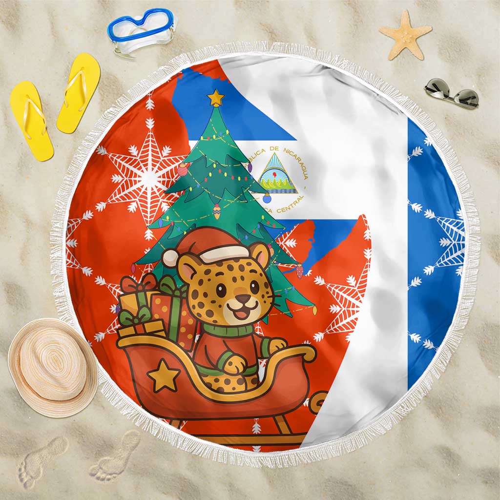 Nicaragua Christmas Beach Blanket with Jaguar in Sleigh Christmas Tree Snowflakes and Flag Colors Design - Wonder Print Shop