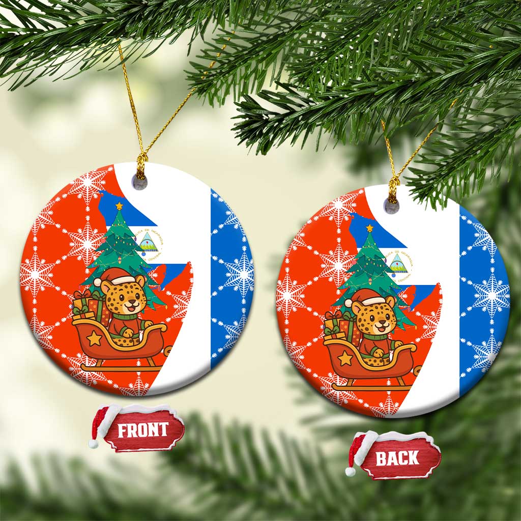 Nicaragua Christmas Ceramic Ornament with Jaguar in Sleigh Christmas Tree Snowflakes and Flag Colors Design - Wonder Print Shop
