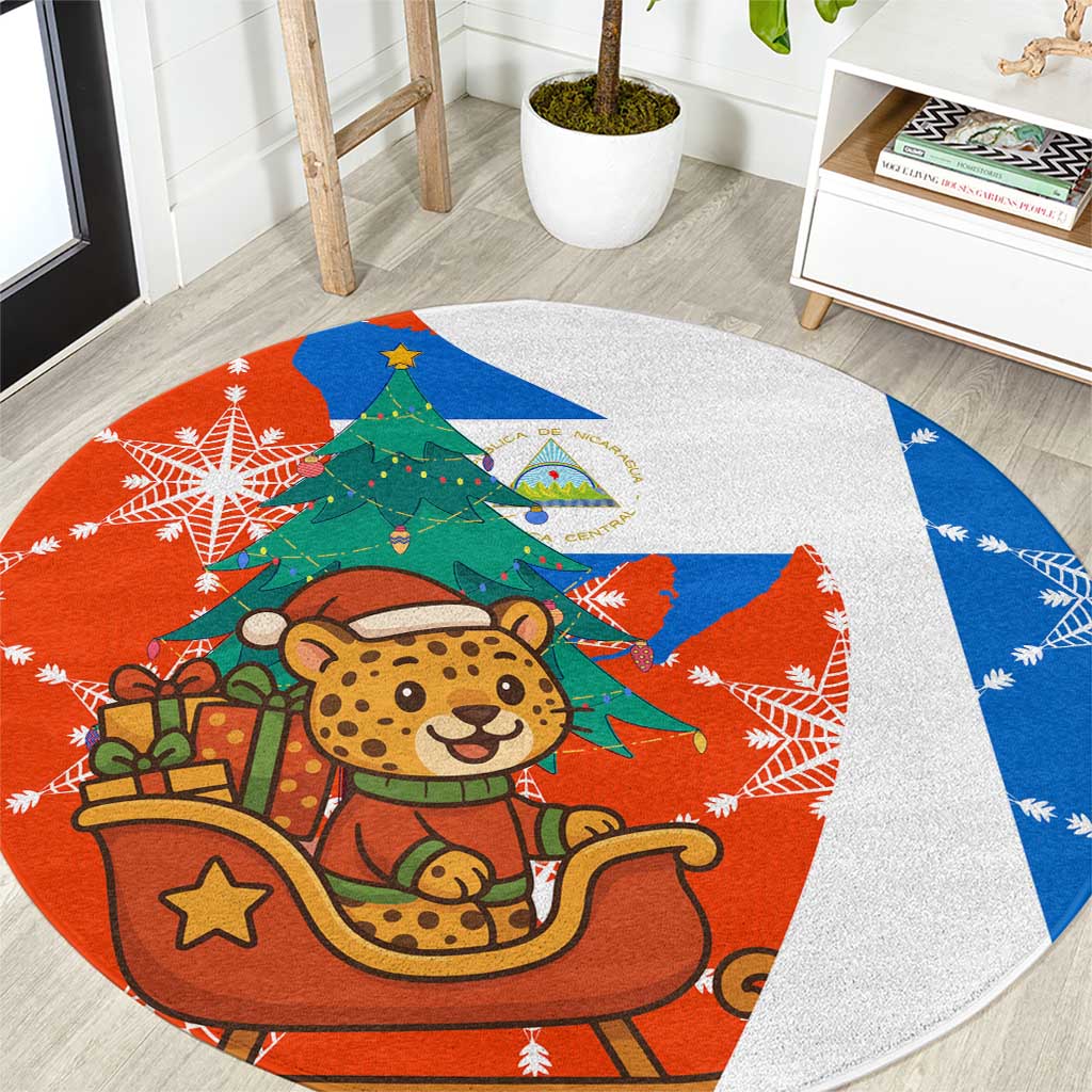 Nicaragua Christmas Round Carpet with Jaguar in Sleigh Christmas Tree Snowflakes and Flag Colors Design - Wonder Print Shop