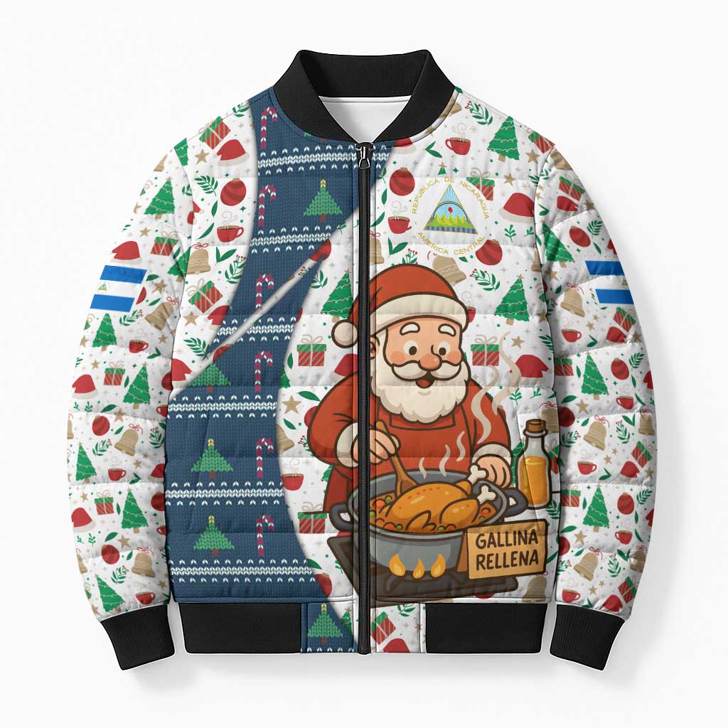 Nicaragua Christmas Bomber Puffer Jacket with Santa Cooking Gallina Rellena Tree Flag and Festive Icons Design - Wonder Print Shop