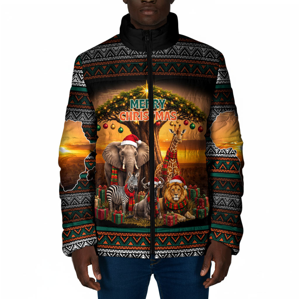 African Safari Animals Christmas Padded Jacket Savannah Wildlife Festive Holiday Tribal Pattern