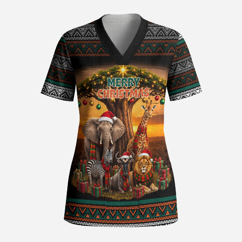 African Safari Animals Christmas Scrub Top Savannah Wildlife Festive Holiday Tribal Pattern