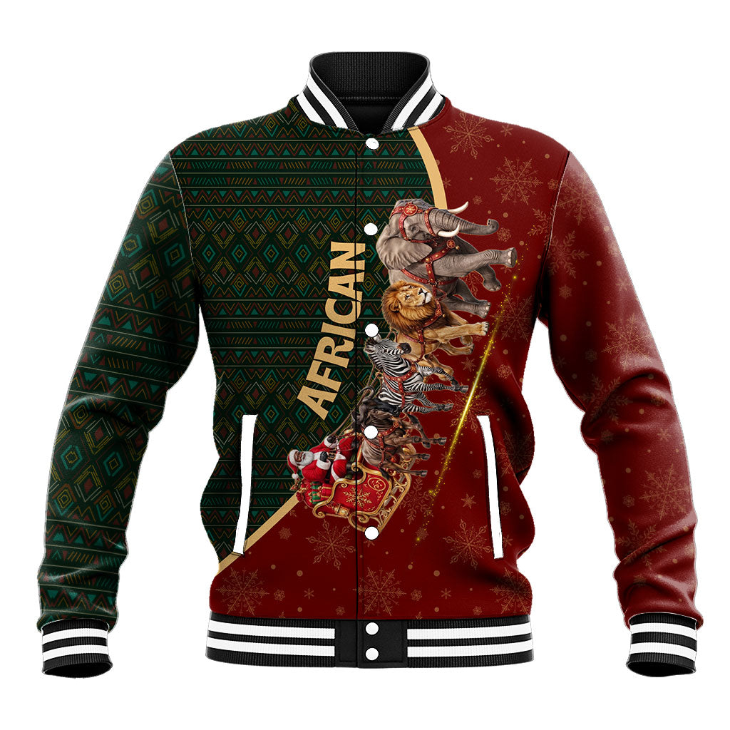 African Safari Animals Christmas Sleigh Baseball Jacket Festive Wildlife Tribal Pattern Santa Sleigh