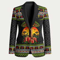 African Safari Black Santa Christmas Blazer Ugly Pattern Sunset Baobab Tree Africa Map