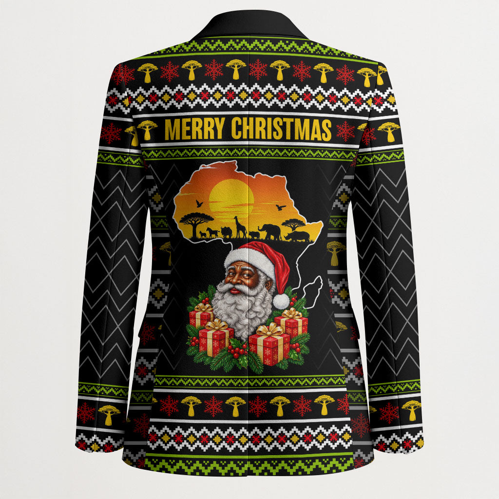 African Safari Black Santa Christmas Blazer Ugly Pattern Sunset Baobab Tree Africa Map
