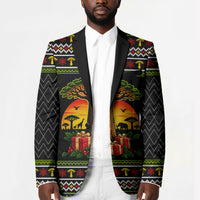 African Safari Black Santa Christmas Blazer Ugly Pattern Sunset Baobab Tree Africa Map