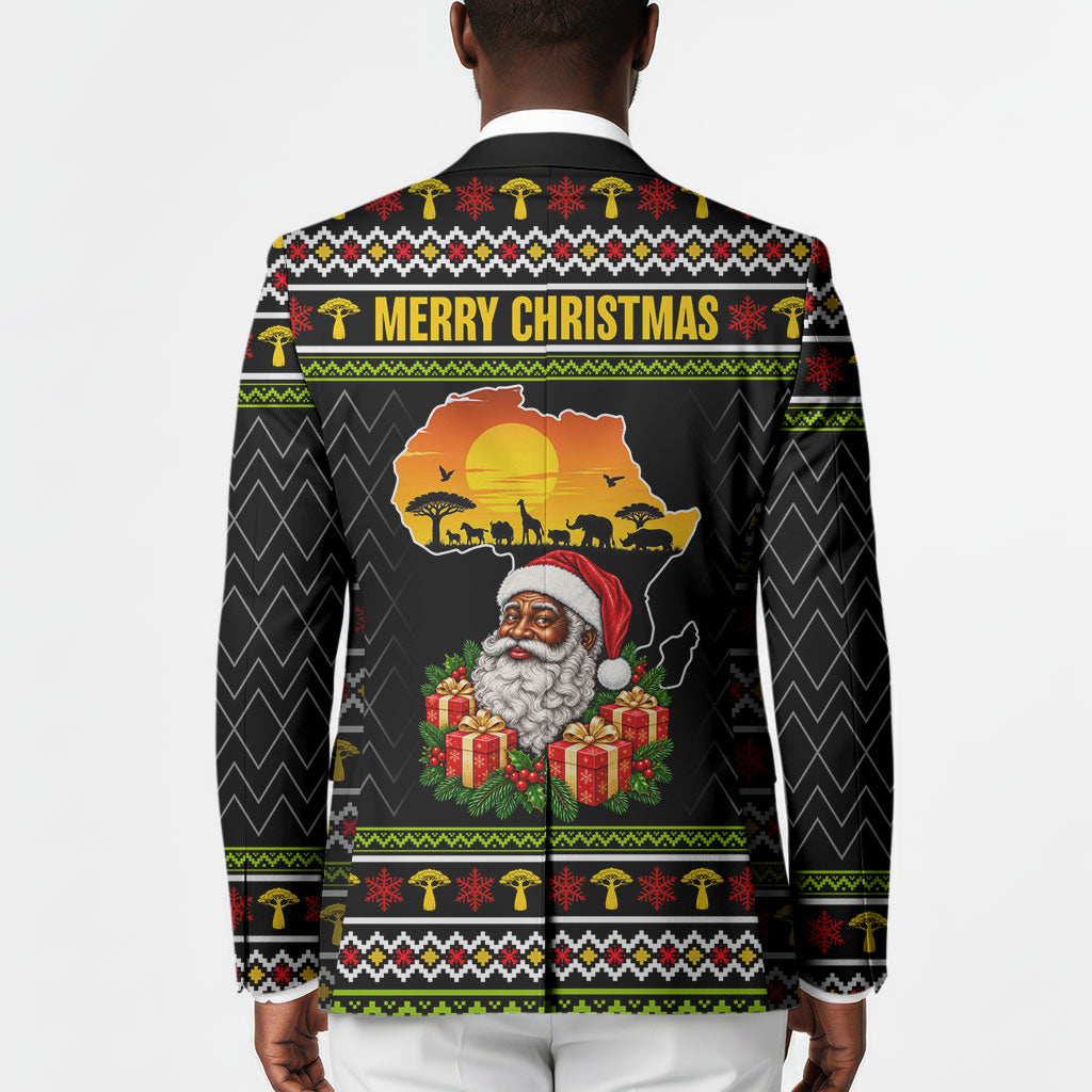 African Safari Black Santa Christmas Blazer Ugly Pattern Sunset Baobab Tree Africa Map
