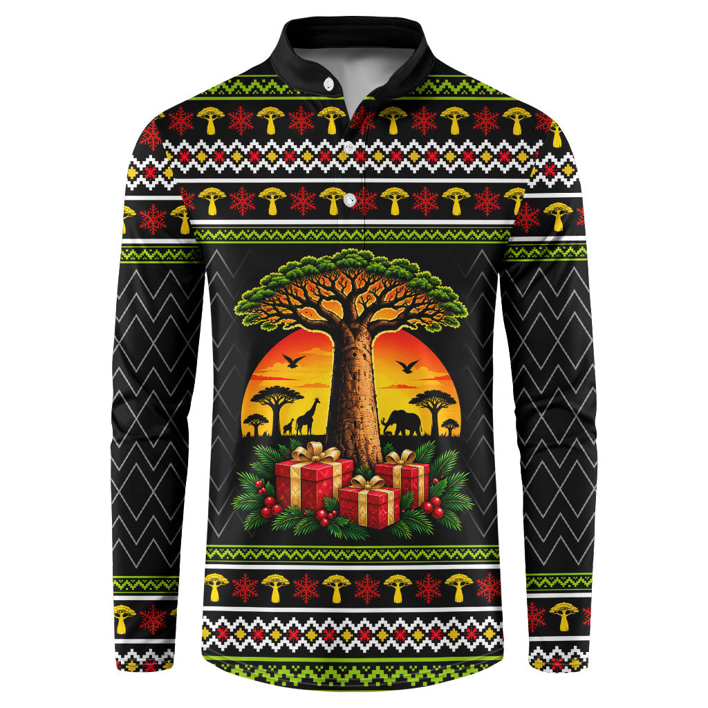 African Safari Black Santa Christmas Button Sweatshirt Ugly Pattern Sunset Baobab Tree Africa Map