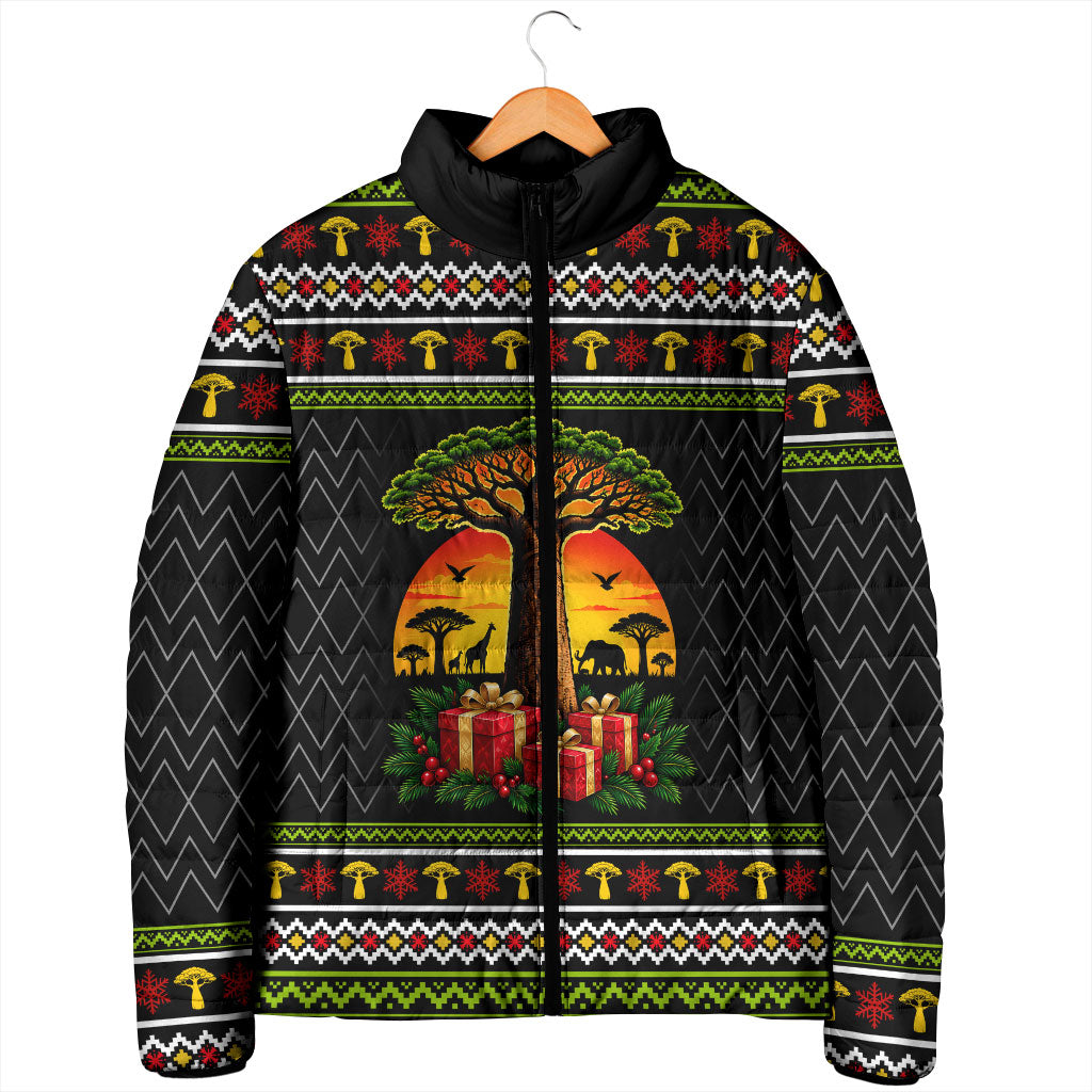 African Safari Black Santa Christmas Padded Jacket Ugly Pattern Sunset Baobab Tree Africa Map