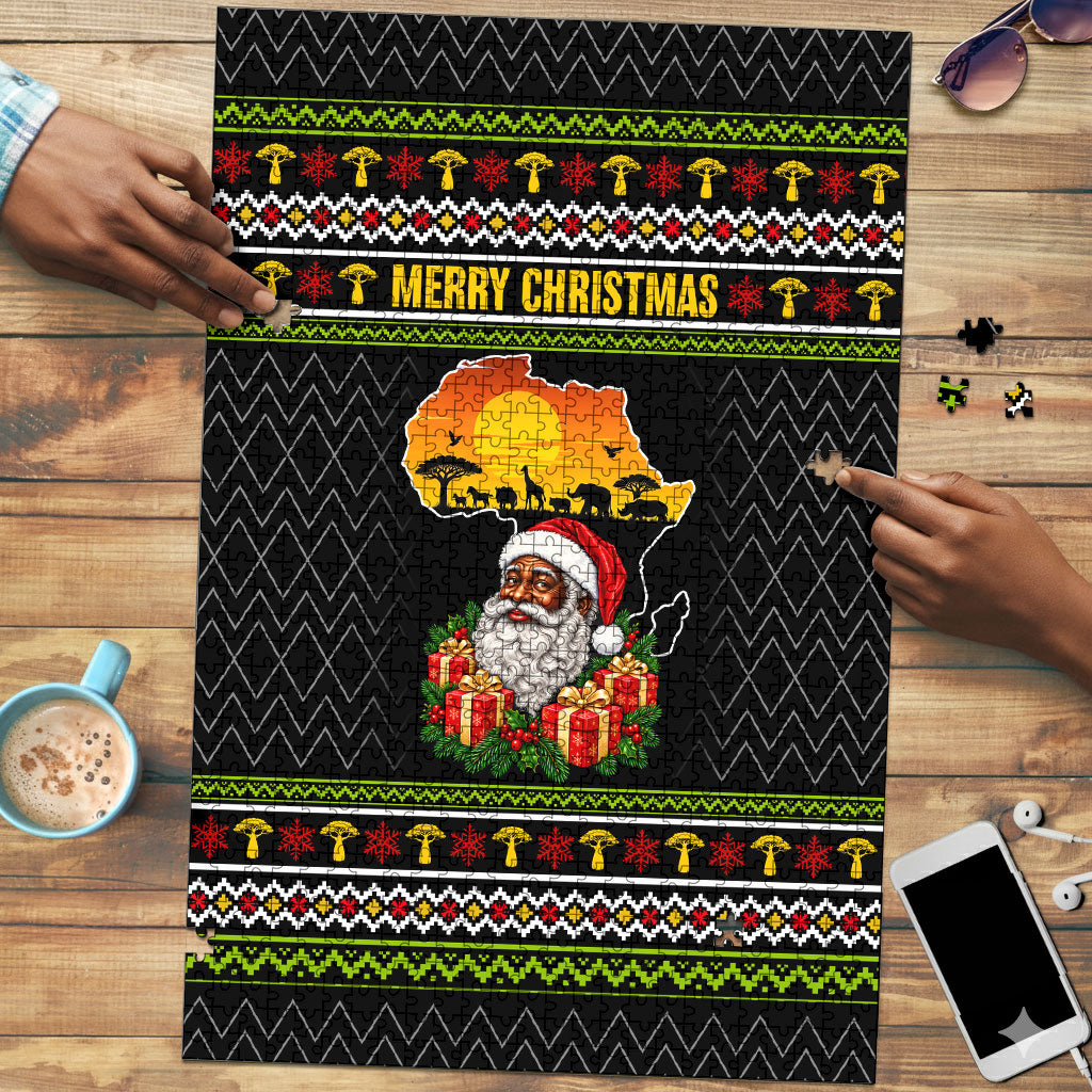 African Safari Black Santa Christmas Puzzle Ugly Pattern Sunset Baobab Tree Africa Map
