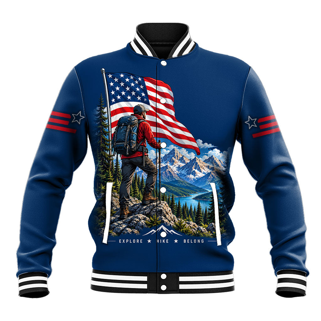 US Hiking Day Hiker Baseball Jacket Patriotic American Flag Mountain Landscape Art