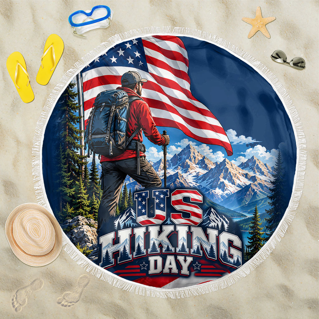 US Hiking Day Hiker Beach Blanket Patriotic American Flag Mountain Landscape Art