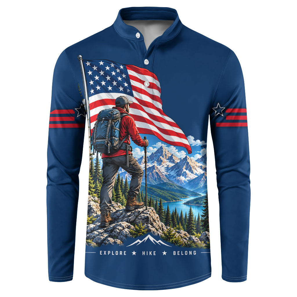 US Hiking Day Hiker Button Sweatshirt Patriotic American Flag Mountain Landscape Art