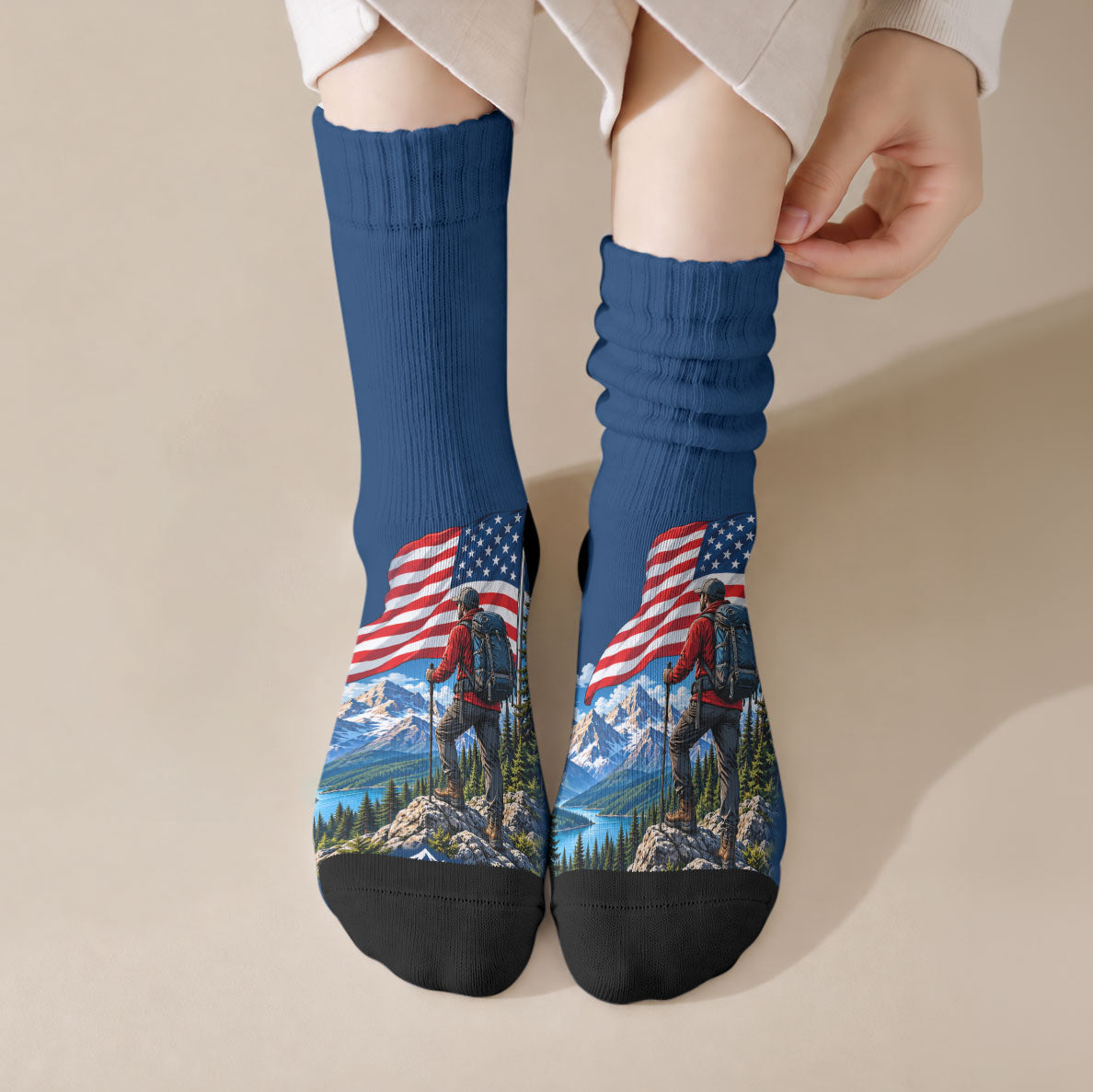 US Hiking Day Hiker Crew Socks Patriotic American Flag Mountain Landscape Art