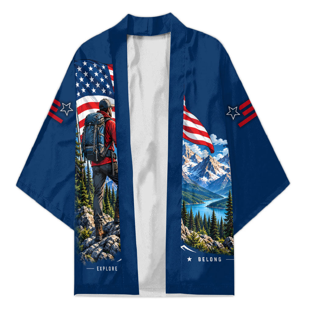 US Hiking Day Hiker Kimono Patriotic American Flag Mountain Landscape Art
