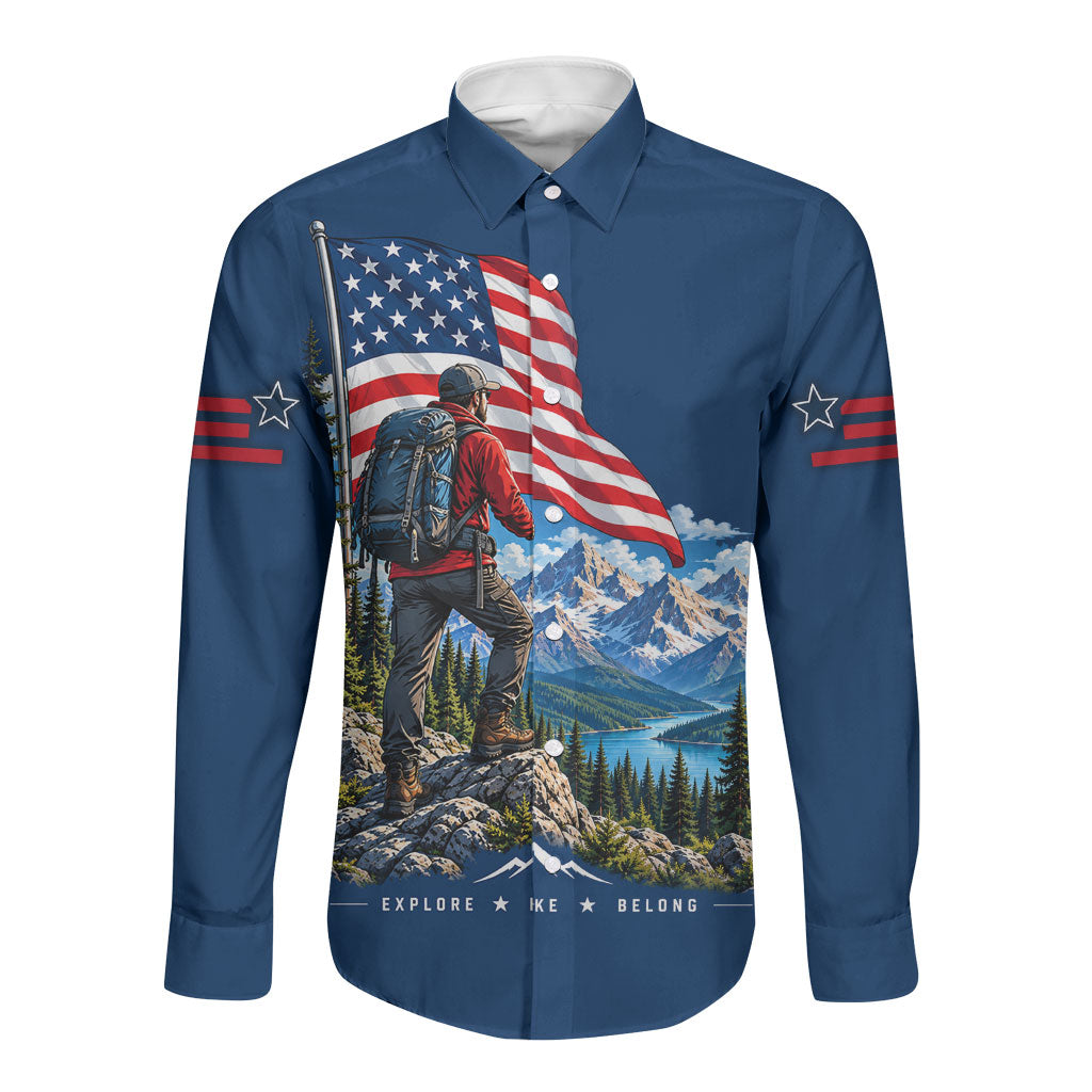 US Hiking Day Hiker Long Sleeve Button Shirt Patriotic American Flag Mountain Landscape Art