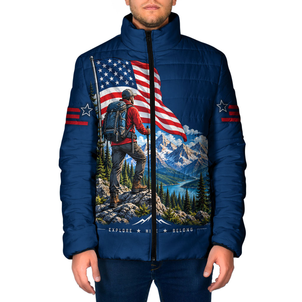 US Hiking Day Hiker Padded Jacket Patriotic American Flag Mountain Landscape Art