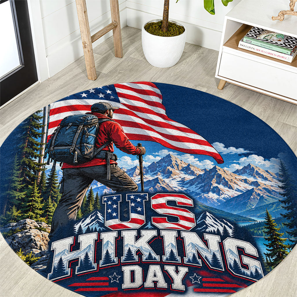 US Hiking Day Hiker Round Carpet Patriotic American Flag Mountain Landscape Art
