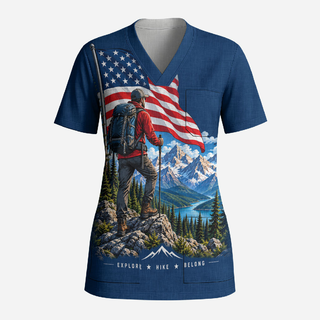 US Hiking Day Hiker Scrub Top Patriotic American Flag Mountain Landscape Art