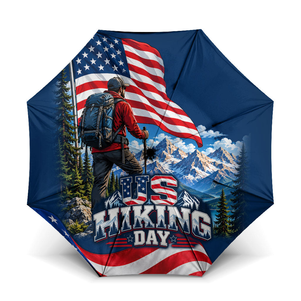 US Hiking Day Hiker Umbrella Patriotic American Flag Mountain Landscape Art