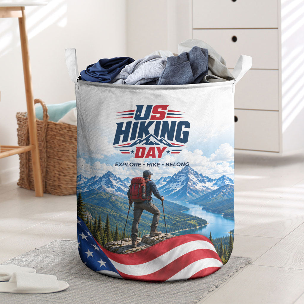 US Hiking Day Laundry Basket Mountain Hiker American Flag Outdoor Adventure
