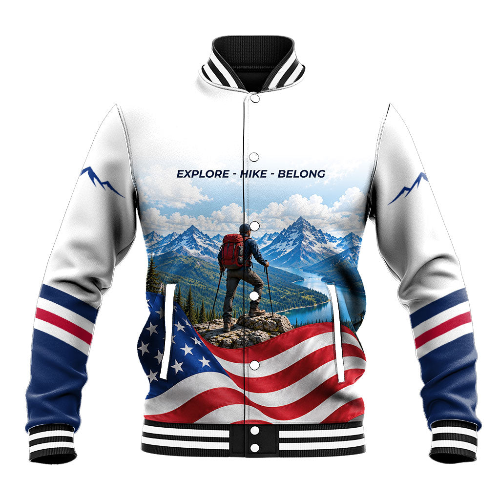 US Hiking Day Baseball Jacket Mountain Hiker American Flag Outdoor Adventure