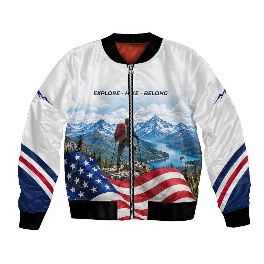 US Hiking Day Bomber Jacket Mountain Hiker American Flag Outdoor Adventure