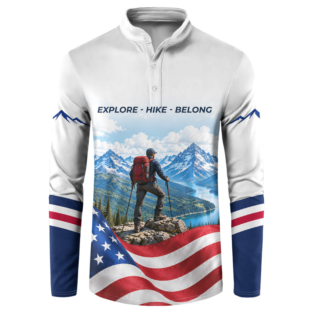 US Hiking Day Button Sweatshirt Mountain Hiker American Flag Outdoor Adventure