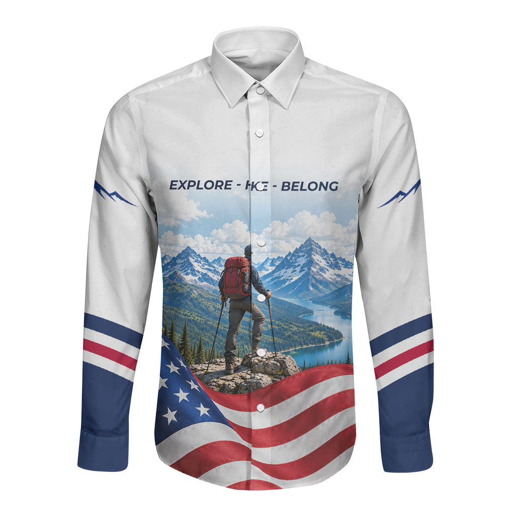 US Hiking Day Long Sleeve Button Shirt Mountain Hiker American Flag Outdoor Adventure