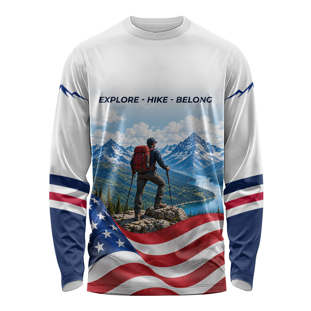 US Hiking Day Long Sleeve Shirt Mountain Hiker American Flag Outdoor Adventure