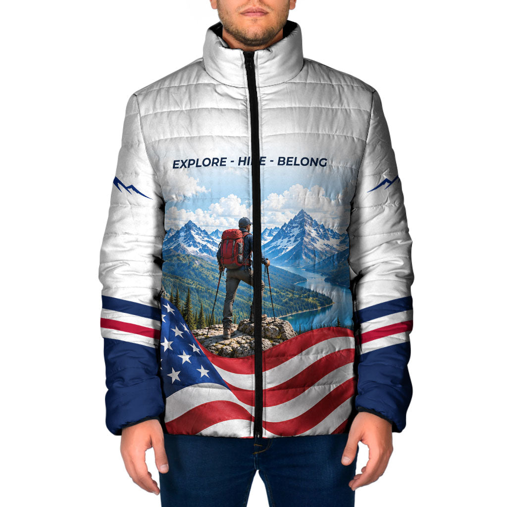 US Hiking Day Padded Jacket Mountain Hiker American Flag Outdoor Adventure